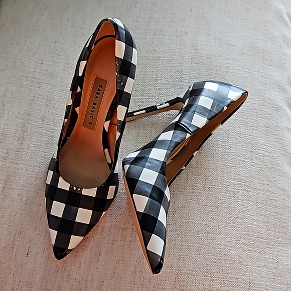 Zara Shoes Zara Womens Black White Check Pumps Pointed Toe High